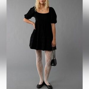 American Eagle Corduroy Puff Sleeve Mini Dress in Black
